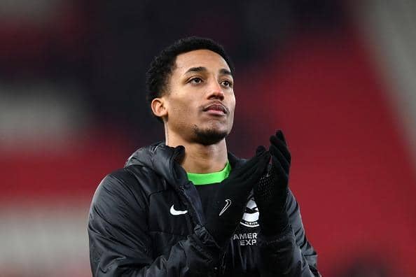 Joao Pedro of Brighton & Hove Albion applauds the fans after the FA Cup Third Round victory at Stoke City