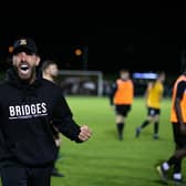 Three Bridges boss Jamie Crellin celebrates after last night's FA Cup second qualifying round replay over Lewes. Picture by Eva Gilbert