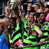 Crawley Town boss Scott Lindsey (left) celebrates Forest Green winning at Wembley in 2017.  (Photo by Ben Hoskins/Getty Images)