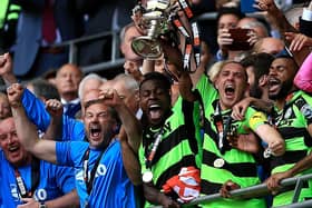 Crawley Town boss Scott Lindsey (left) celebrates Forest Green winning at Wembley in 2017.  (Photo by Ben Hoskins/Getty Images)