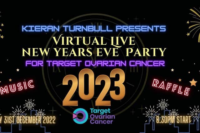 Black background with multicoloured fireworks scattered throughout. Text reads ‘Kieran Turnbull Presents: Virtual Live New Years Eve Party for Target Ovarian Cancer. Music. Raffle. 2023. 31st December