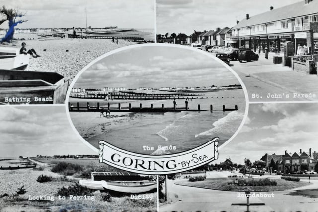 The Goring-by-Sea postcard features The Sands, the bathing beach, a beach view looking to Ferring, St John's Parade and 'Roundabout'