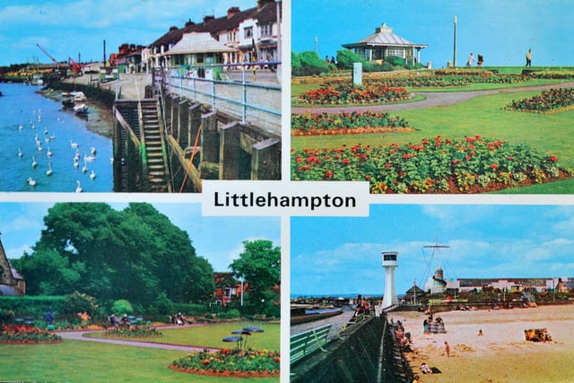 Glorious gardens, swans on the River Arun and the sandy beach feature on the Littlehampton postcard, which is dated July 1965