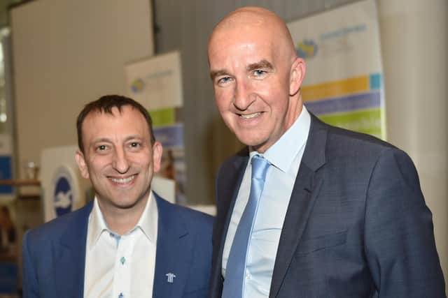 Tony Bloom (left) with Tim Cobb (right) at the OMS Fundraising Lunch held at the American Express Community Stadium in Brighton back in 2017. Picture from Simon Dack