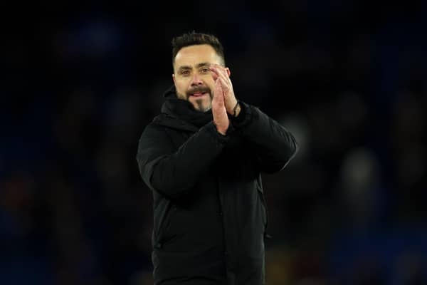 Roberto De Zerbi, Manager of Brighton & Hove Albion, applauds the fans after the team's victory in the Premier League match between Brighton & Hove Albion and Brentford FC at American Express Community Stadium on December 06, 2023 in Brighton, England. (Photo by Steve Bardens/Getty Images)