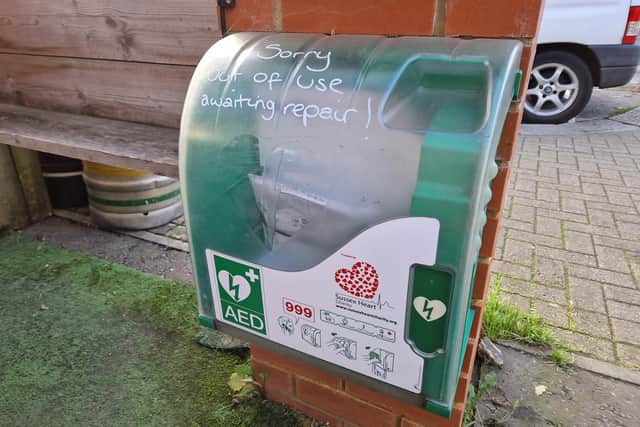 The previous defibrillator, on the wall outside The Brooksteed micropub, was installed in October 2019