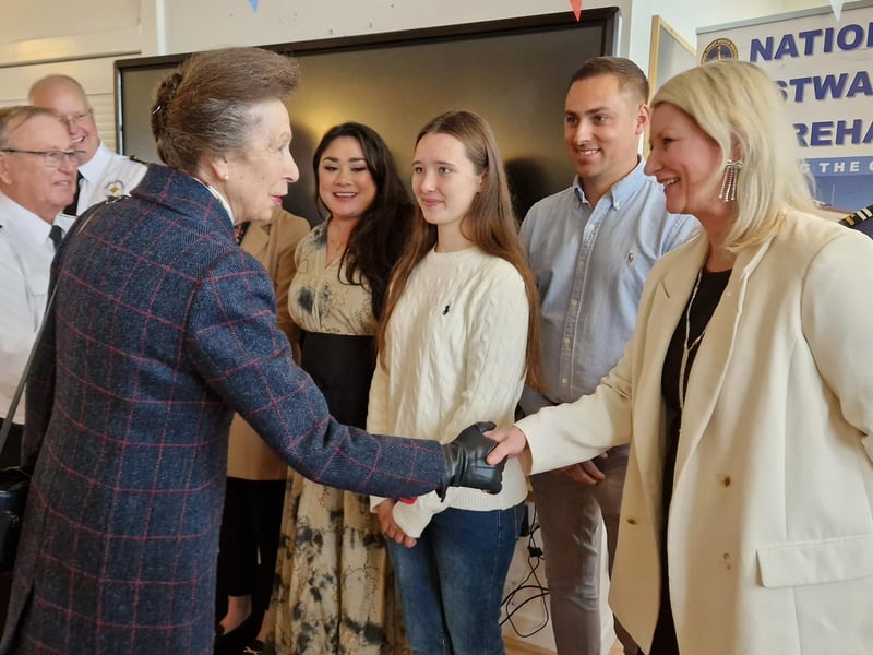 The Princess Royal chatting with Anouska Wetton, Christian Wetton, Becca Trott and Michelle Etherington from caterers Fete N Lime