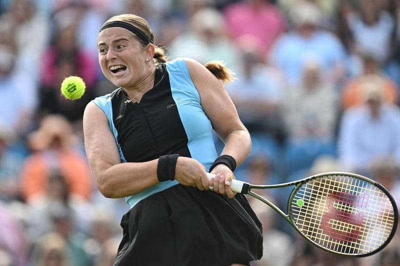 EASTBOURNE, ENGLAND - JUNE 28: Jelena Ostapenko of Latvia playa a backhand to Harriet Dart of Great Britain during the Rothesay International Eastbourne tennis tournament on Day Five at Devonshire Park on June 28, 2023 in Eastbourne, England. (Photo by Mike Hewitt/Getty Images):Action from Wednesday's play at the Rothesay International at Devonshire Park, Eastbourne