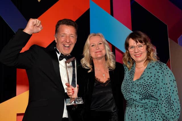 Matthew Tyson, Managing Director of Richard Place Dobson (category sponsor), Toni Chalk and host, Kerry Godliman