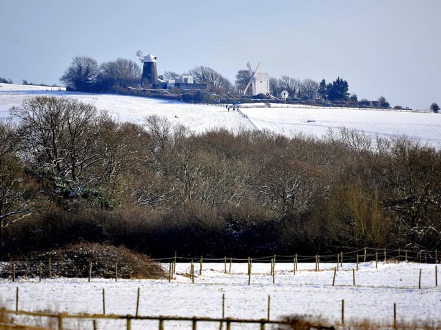 Jack and Jill windmills in the snow taken from near Hurstpierpoint