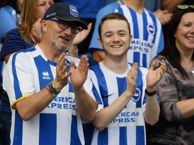 Brighton and Hove Albion fans looks on prior to the Premier League match between Brighton and Hove Albion and West Bromwich Albion at Amex Stadium on September 9, 2017.