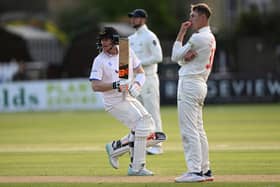 Steve Smith of Sussex hits a boundary off his fellow countryman Marnus Labuschagne of Glamorgan during the LV= Insurance County Championship Division 2 match between Sussex and Glamorgan at The 1st Central County Ground in Hove (Photo by Mike Hewitt/Getty Images)