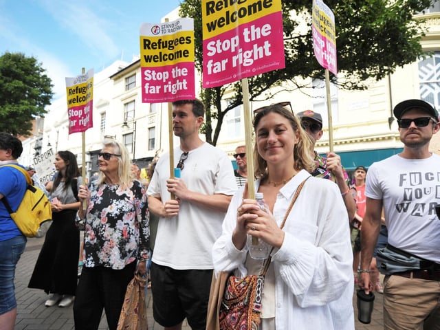 Hastings Stand Up To Racism's National Day Of Protest on August 10 2024 in Robertson Street.