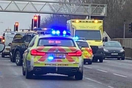 Two police cars and an ambulance have been pictured at the scene, whilst a Coastguard vehicle has also ‘stopped to assist’.