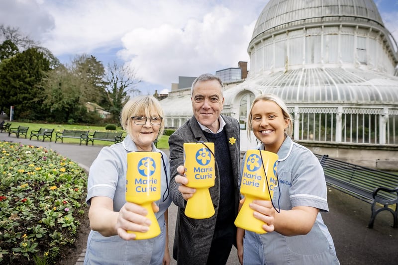 Actor James Nesbitt with Marie Curie community nurse Joan Wilson, left, and hospice nurse Emily Jackson as the charity launched its annual Great Daffodil Appeal in Belfast