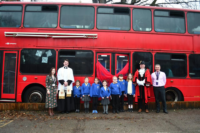 The London bus has pride of place in the playground at Christchurch School