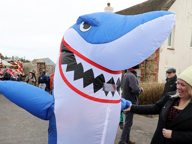 Some 385 people braved the ice cold sea water on New Year's Day 2024. Coln Miles as a shark