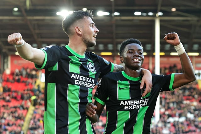 SHEFFIELD, ENGLAND - FEBRUARY 18: Simon Adingra celebrates scoring his team's fifth goal with Jakub Moder of Brighton & Hove Albion during the Premier League match between Sheffield United and Brighton & Hove Albion at Bramall Lane on February 18, 2024 in Sheffield, England. (Photo by David Rogers/Getty Images)