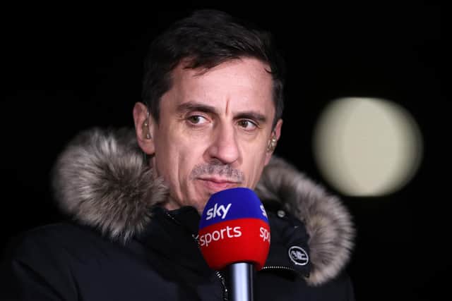 Neville, working as a Sky Sports pundit after the game, said the Red Devils were the easiest team to play against in the Premier League and that it was a ‘massive worry’ for new manager Erik ten Hag. 
(Photo by Naomi Baker/Getty Images)
