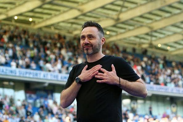 Roberto De Zerbi, Manager of Brighton & Hove Albion, acknowledges the fans at the Amex Stadium on his final day as Brighton manager