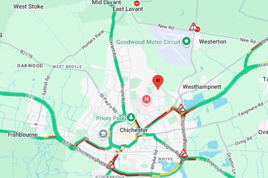 Heavy traffic has built up on roads around Chichester, as thousands of visitors make their way to the opening day of the 2026 Goodwood Festival of Speed. Photo: AA Traffic News