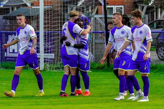 Haywards Heath players celebrate one of the seven goals they put past Shoreham | Picture: Ray Turner - see more in the slideshow higher up the page