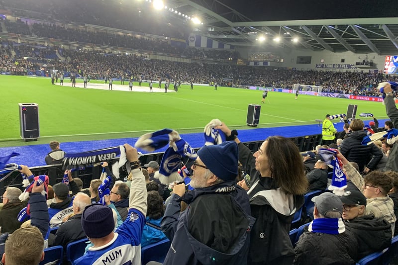 Albion fans waving their scarves in excitement.