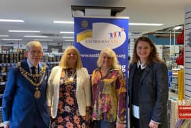 World's Biggest Coffee Morning in Eastbourne: Mayor Pat Rodohan, Di Hammond, Rotarian Mel Adams from Brewers, and MP Caroline Ansell