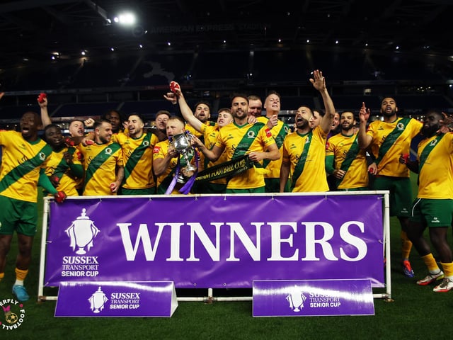 James Hammond’s majestic 95th minute free-kick clinched Horsham FC’s first league and Sussex Senior Cup double in the club’s history.