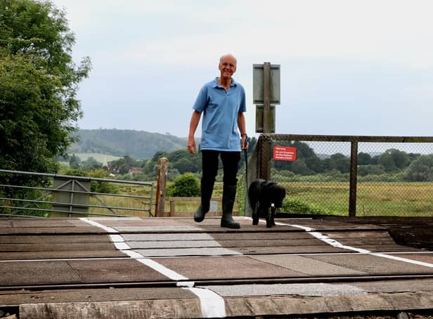 Chairman of the Amberley Society, Grahame Joseph and Labrador Izzie, using the crossing with its improved safety features