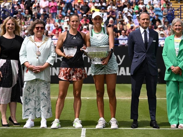 EASTBOURNE, ENGLAND - JULY 01: Daria Kasatkina and Madison Keys of United States pose with their runners-up and winners trophies after the Women's Singles Final match on Day Eight of Rothesay International Eastbourne at Devonshire Park on July 01, 2023 in Eastbourne, England. (Photo by Justin Setterfield/Getty Images):Action from Saturday's finals at the Rothesay tennis international at Devonshire Park, Eastbourne