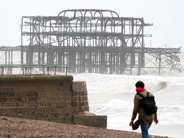 Brighton (pictured), Chichester, Worthing, Hastings, Eastbourne and Shoreham and other places across the county have all been affected by the heavy rain and winds brought by Storm Claudio.