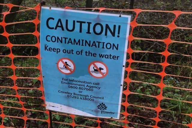 Shocked residents shared photos this week that show dead fish at Bewbush Water Gardens and the Mill Pond in Crawley, as well as council signs warning of contamination. Photo: The Ifield Society