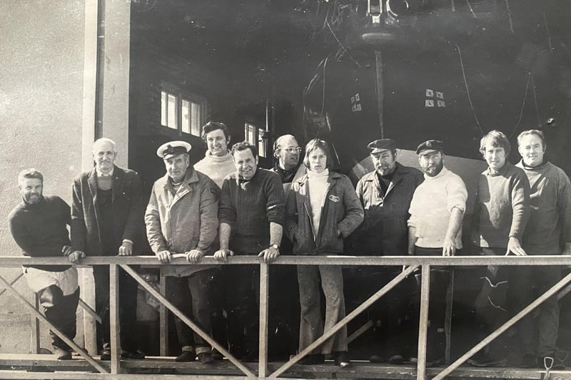 Crew of the ‘Kathleen Mary’ on 18 April 1974. Left to right: L.C. Patten (Assistant Mechanic), R.L. Holden (Head Launcher), F. Vacher (Mechanic), D. Payne, T. Guy, M. Hills (Launcher), M. Moore (Launcher), E.A. Moore (Coxswain), J. Allen (Bowman), R. Titchener, A.T. Boyle.