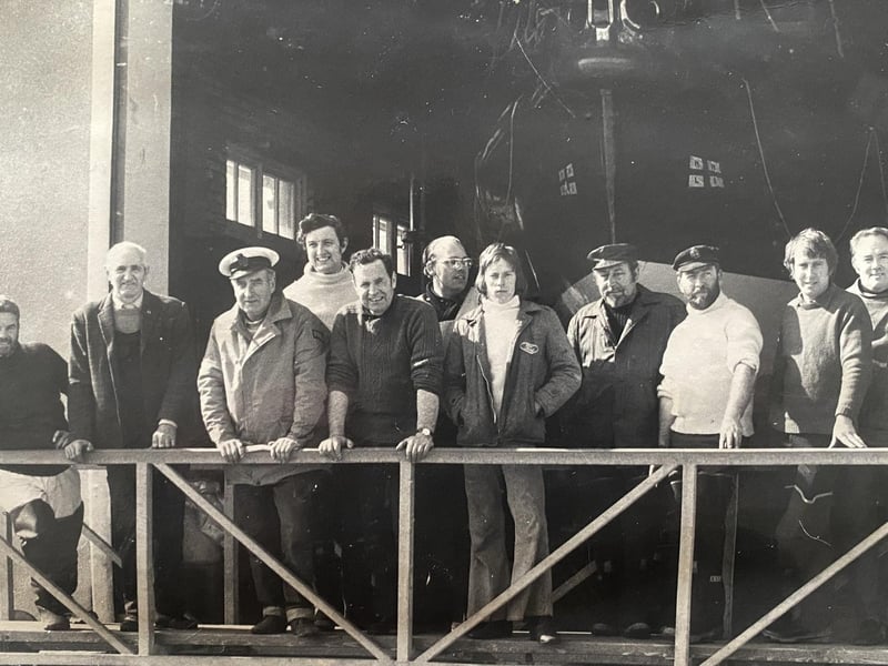 Crew of the ‘Kathleen Mary’ on 18 April 1974. Left to right: L.C. Patten (Assistant Mechanic), R.L. Holden (Head Launcher), F. Vacher (Mechanic), D. Payne, T. Guy, M. Hills (Launcher), M. Moore (Launcher), E.A. Moore (Coxswain), J. Allen (Bowman), R. Titchener, A.T. Boyle.