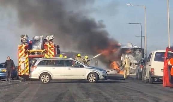 A motorhome fire brought drivers to a standstill yesterday (Tuesday, January 9) as rescue crews fought the blaze. Photo: Geoff Rutland