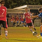 Selsey's Freddie Chipp-Smith fires a shot in against Jarvis Brook - Selsey won 1-0 | Picture by Chris Hatton