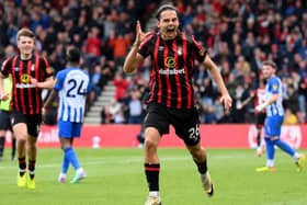 BOURNEMOUTH, ENGLAND - APRIL 28: Enes Unal of AFC Bournemouth celebrates scoring his team's second goal during the Premier League match between AFC Bournemouth and Brighton & Hove Albion at Vitality Stadium on April 28, 2024 in Bournemouth, England. (Photo by Mike Hewitt/Getty Images)