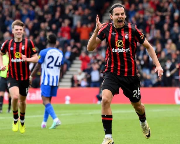 BOURNEMOUTH, ENGLAND - APRIL 28: Enes Unal of AFC Bournemouth celebrates scoring his team's second goal during the Premier League match between AFC Bournemouth and Brighton & Hove Albion at Vitality Stadium on April 28, 2024 in Bournemouth, England. (Photo by Mike Hewitt/Getty Images)