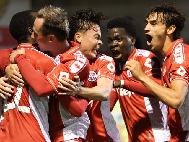 Crawley Town players celebrate Ade Adeyemo's goal against MK Dons | Picture: Natalie Mayhew/Butterfly Football