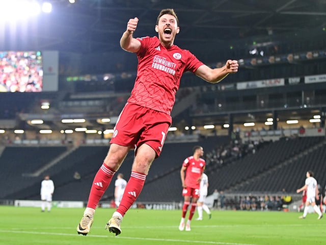 GOAL Crawley Town midfielder Jack Roles (11) scores a goal and celebrates 1-4 during the EFL Sky Bet League 2 play-off second leg match between Milton Keynes Dons and Crawley Town at stadium:mk, Milton Keynes, England on 11 May 2024.:Crawley Town hammered MK Dons 5-1 - and 8-1 on aggregate - to reach the League Two play-off final Wembley. Photographer Dennis Goodwin/Pro Sport Images was there to catch the action, the crowd and the celebrations