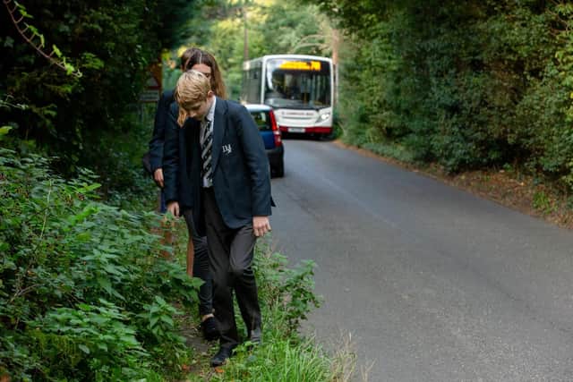 Children have to walk along the narrow Tower Hill road which has blind bends and no footpaths