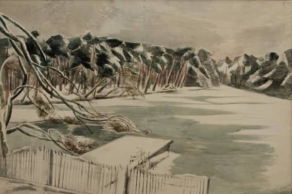 Paul Nash [1889-1946) Frozen Lake, 1928. Pencil, chalk and watercolour on paper. Accepted under the Cultural Gifts Scheme by HM Government from Jeremy Greenwood and Alan Swerdlow and allocated to Pallant House Gallery (2022)