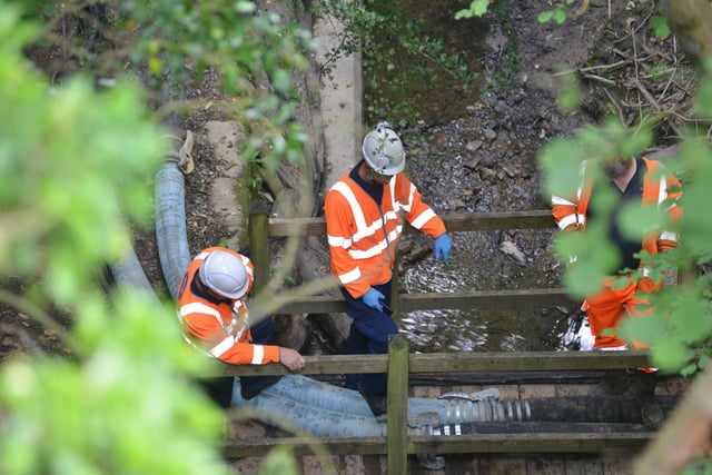 Southern Water working at Old Roar Gill after a sewage discharge there. 