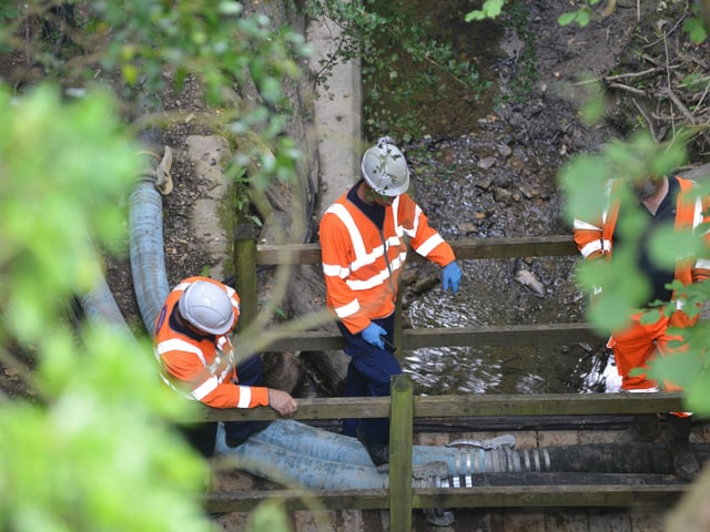Southern Water working at Old Roar Gill after a sewage discharge there.