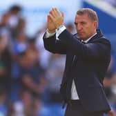 Brendan Rodgers, Manager of Leicester City applauds fans after the Premier League defeat at Brighton & Hove Albion