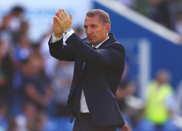 Brendan Rodgers, Manager of Leicester City applauds fans after the Premier League defeat at Brighton & Hove Albion