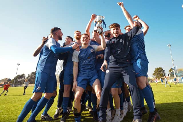 Shoreham celebrate the SCFL division one title - and will be in the premier in 23-24 | Picture: Shigeo Kondo