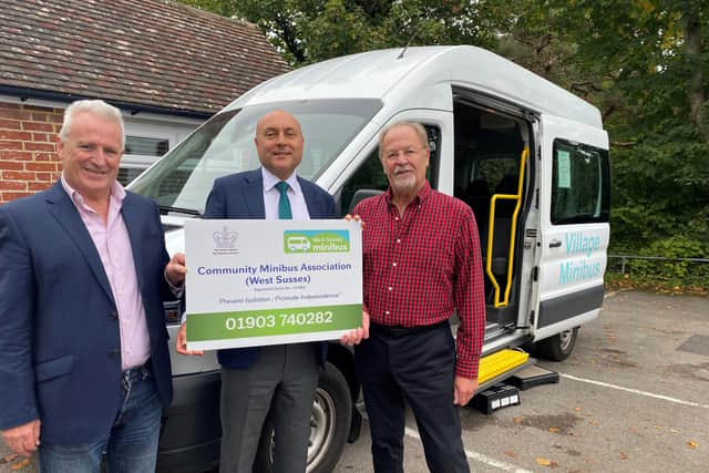 Arundel and South Downs MP Andrew Griffith with West Sussex Minibus Association chairman Gerry Toner and fleet manager Alex Dolby