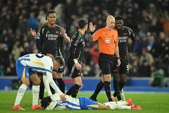 A penalty was awarded after Albion striker Joao Pedro went down in the box after a clash of heads with William Saliba around the hour mark. (Photo by Mike Hewitt/Getty Images)